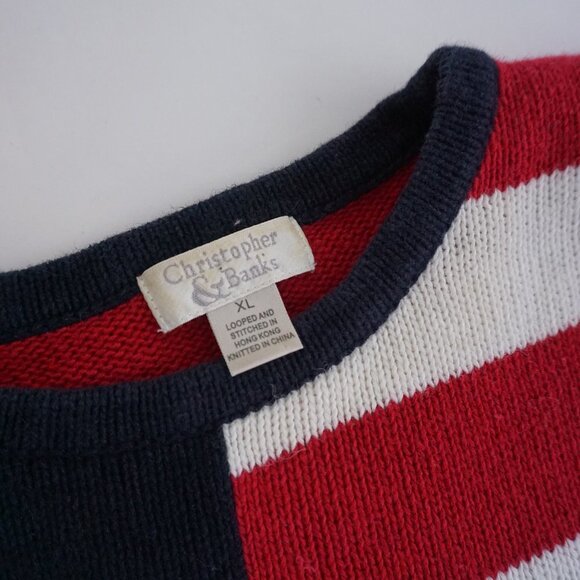 Vintage Christopher & Banks Navy Red Patriotic USA Flag Knit Crewneck Sweater XL - Picture 10 of 12